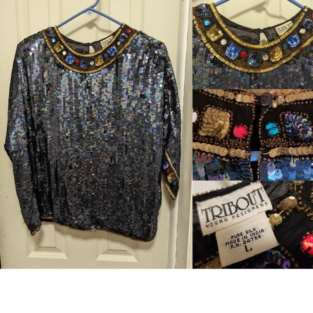 Tribout Black Silk Sequin ¾ Sleeve Top Size L